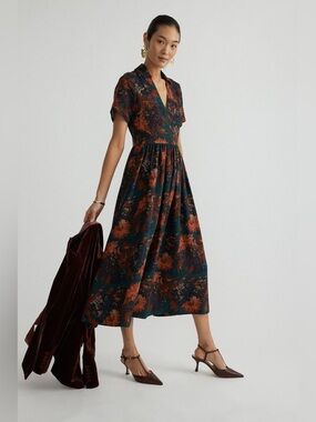 TuckerNuck Persimmon Floral Jacquard Adelaide Dress, Dark Floral | Size XS